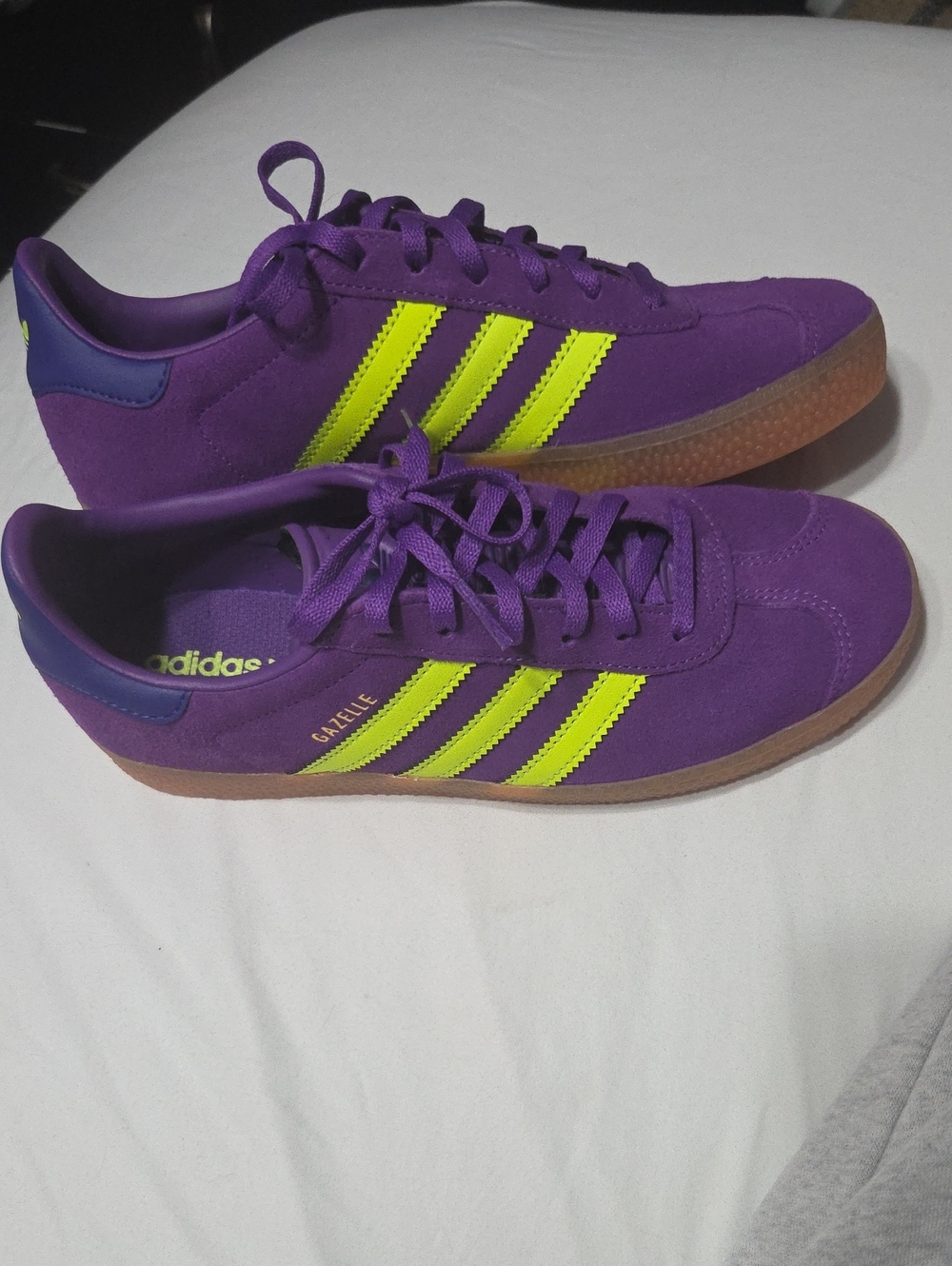 adidas Purple Suede Sneakers with Neon Yellow Stripes